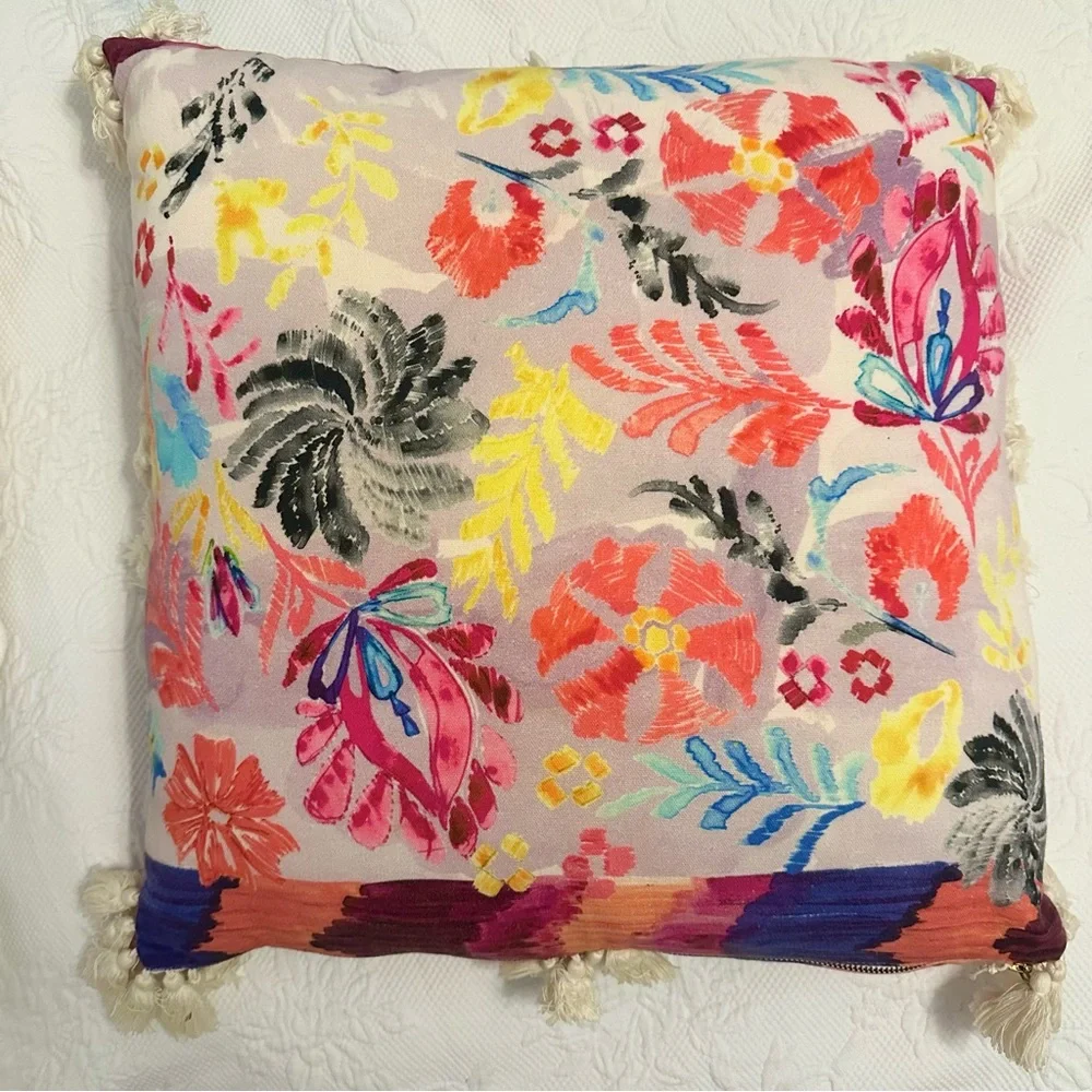 Anthropologie Talavera Colorful Rabbit Geometric Floral Pillow Cotton 20 x 20